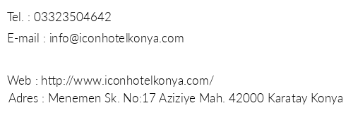 con Hotel Konya telefon numaralar, faks, e-mail, posta adresi ve iletiim bilgileri